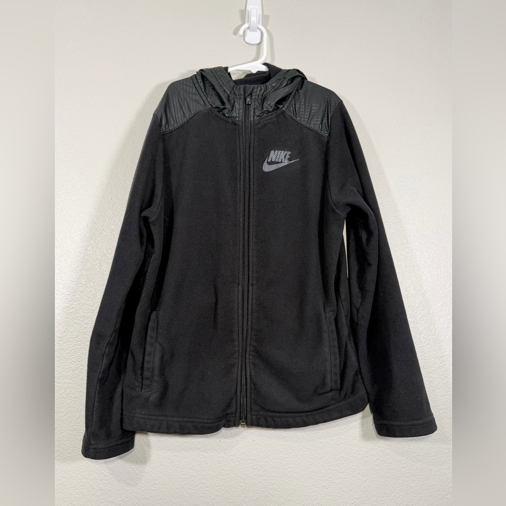 Nike Kids Full-Zip Fleece Jacket Weather Resistant Hood Black Warm Coat Boy L